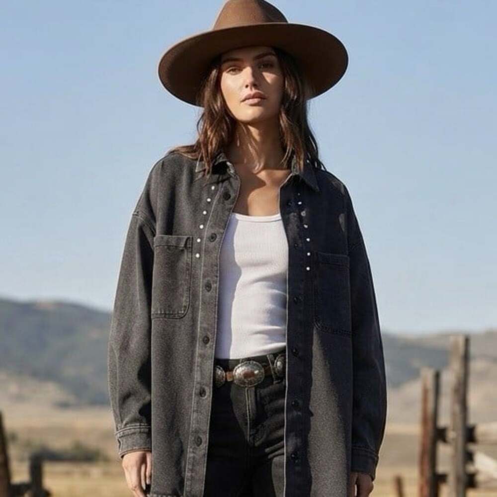 Rebecca Minkoff Sz L Studded Gray Western Denim Cowgirl Festival Rodeo Shirt